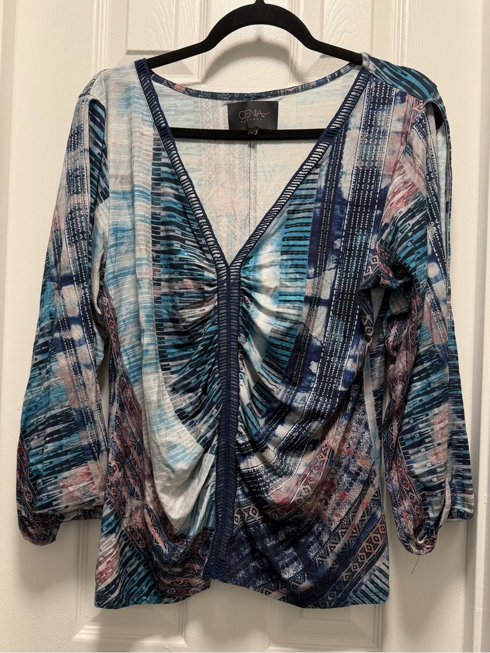 Cenia Blue Multi-Striped V-Neck Ruched Women’s Top
